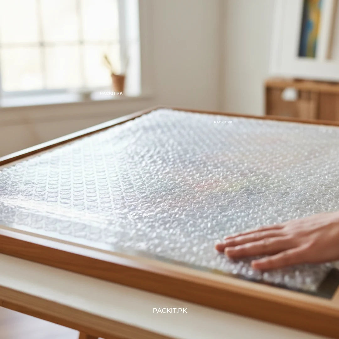 PACKIT.PK bubble wrap on a table with a blurred indoor background