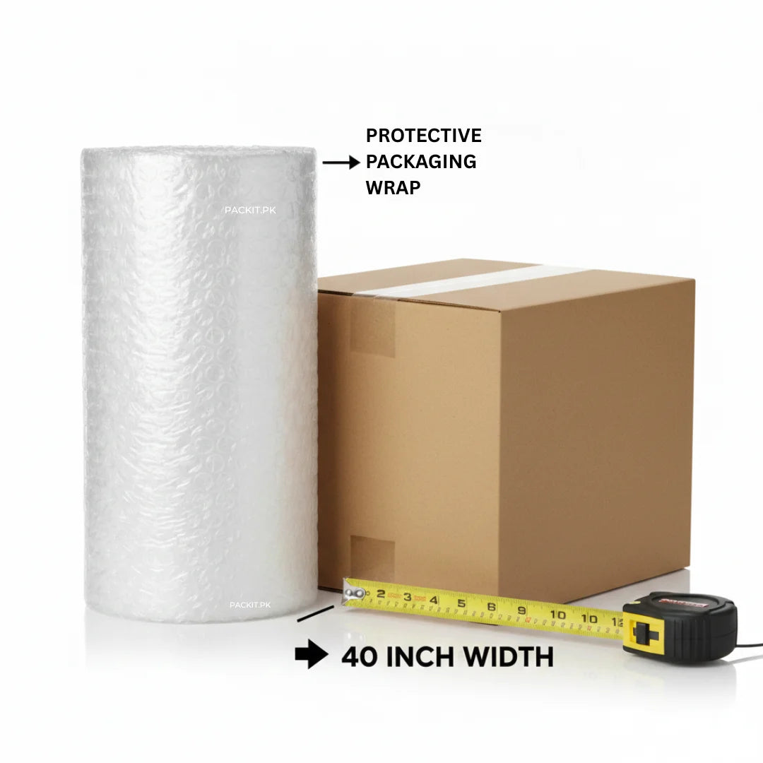 Roll of protective packaging wrap next to a cardboard box with a measuring tape indicating 40-inch width.